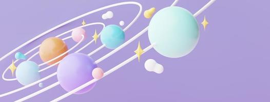 3d render of planet star and moon  that floating on the air at night with purple lilac background. Abstract scene of pastel ball, bubble soaps , or blobs in pastel colors. Magic scene. photo