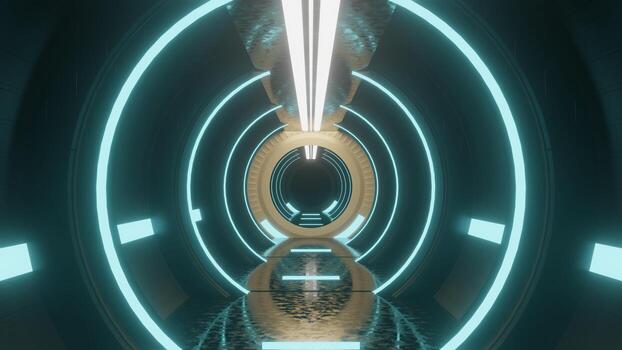 Spaceship Science ficiton Room Tunnel. Abstract colorful neon glowing light background. Speed light illuminated. Florescent on the dark scene. Curvy moving line shape. 3D render. photo