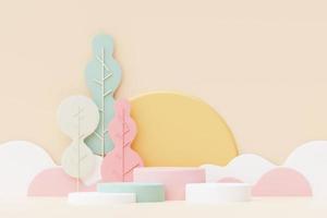 Abstract Pastel of nature, flowers leaves and tree plants with Podium stand platform. Cute Cartoon natural landscape background. Scene of spring colorful plants with minimal design. 3D Render. photo