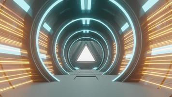 Spaceship Science ficiton Room Tunnel. Abstract colorful neon glowing light background. Speed light illuminated. Florescent on the dark scene. Curvy moving line shape. 3D render. photo