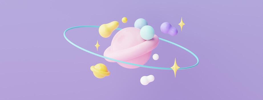 Representación 3d de la estrella del planeta y la luna que flotan en el aire por la noche con un fondo lila púrpura. escena abstracta de bolas pastel, jabones de burbujas o manchas en colores pastel. escena mágica. foto