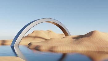 Abstract Dune cliff sand with metallic Arches and clean blue sky. Surreal minimal Desert natural landscape background. Scene of Desert with glossy metallic arches geometric design. 3D Render. photo