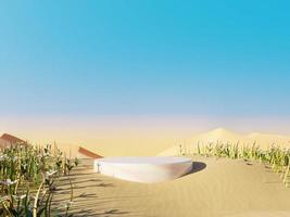 Abstract Pastel of nature, flowers leaves and tree plants with Podium stand platform. Surreal Desert natural landscape background. Scene of Desert with  oasis land with minimal design. 3D Render. photo