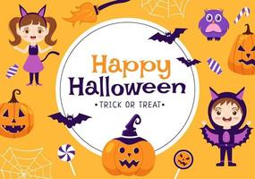 Happy Halloween Template Background Hand Drawn Cartoon Flat Illustration with Children Wearing Various Costumes, Haunted House, Pumpkins, Bats and Full Moon vector