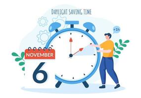 Daylight Savings Time Hand Drawn Flat Cartoon Illustration with Alarm Clock or Calendar from Summer to Spring Forward Design vector