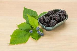 Blackberry in a bowl on wooden background photo