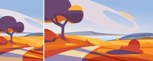 Autumn landscape with road to the lake. Natural scenery in different formats. vector