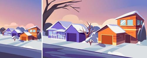 Suburban street in winter season. Outdoor scene in different formats. vector