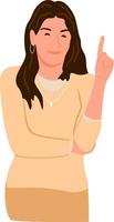 A woman who raises her index finger to explain the point. Vector illustration of a girl who raised her finger up. The idea. Presentation concept. Emotion sticker in cartoon style