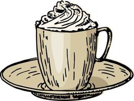 Viennese coffee. Coffee with cream in a cup and coffee beans. Caffe latte whipped cream cap vector