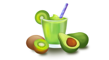 um copo de smoothie mix de abacates e kiwis, bebida de frutas saudável, está sendo com abacates e kiwis. mão digital desenhada e pintada, imagem isolada. png