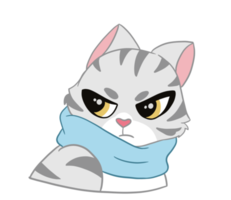 The upset American Shorthair cat and light blue scarf is showing bad mood face and. Doodle art image. png