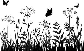 Grass borders. Black silhouette of grass, spikes and herbs. Abstract meadow line with grass and flowers. Hand drawn sketch style vector illustration.