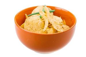 Potato chips in a bowl on white background photo