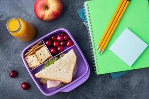 delicioso sándwich saludable en una lonchera, galletas y cerezas. lleve el almuerzo con usted a la escuela oa la oficina. jugo en una botella y una manzana. foto