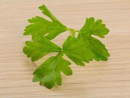 Celery leaves on wooden background photo