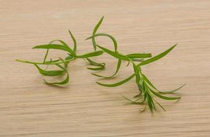 Tarragon leaves on wooden background photo