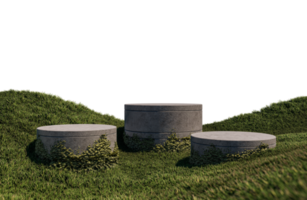 A 3d rendering image of product display on grass field png