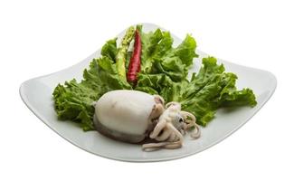 Boiled cuttlefish on the plate and white background photo