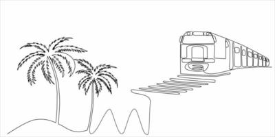 continuous line drawing of palm trees and train vector