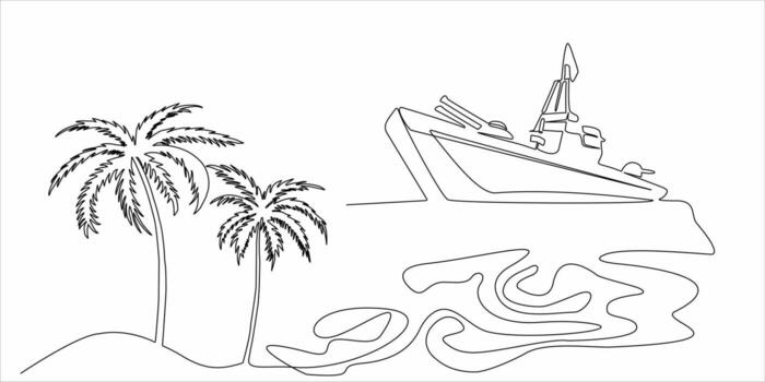 continuous line drawing of ships and palm trees vector