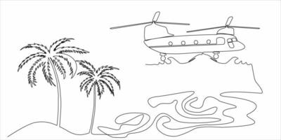 dibujo de línea continua de helicópteros y palmeras vector