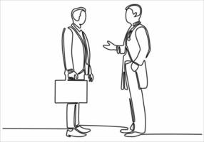 straight line drawing two business men shaking hands vector