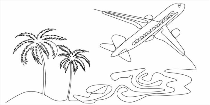continuous line drawing of planes and palm trees vector