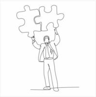 continuous line businessman holding puzzle above his head sketch hand drawn vector illustration with black lines isolated on white background