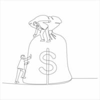 continuous line drawing of two men standing on a big dollar bill vector