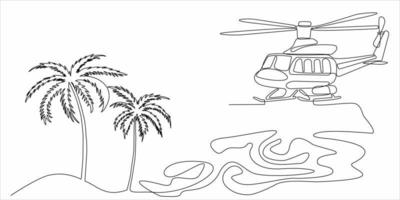 dibujo de línea continua de helicópteros y palmeras vector