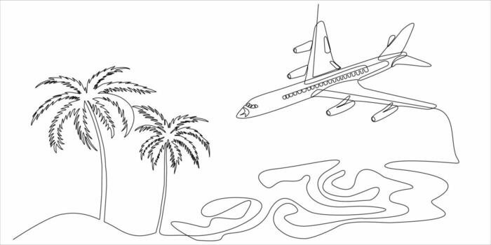 continuous line drawing of planes and palm trees vector