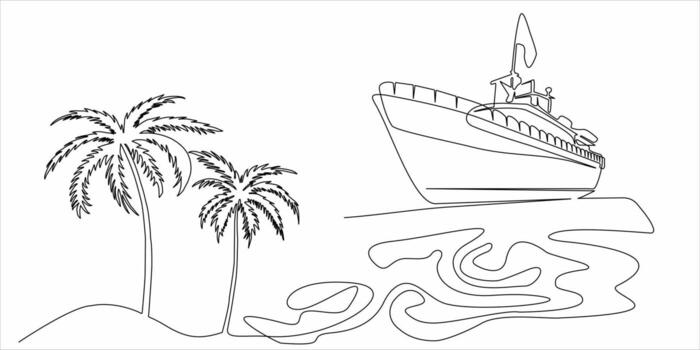 continuous line drawing of ships and palm trees vector