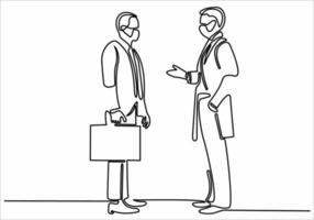 straight line drawing two business men shaking hands vector