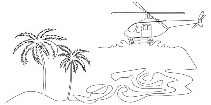 continuous line drawing of helicopters and palm trees vector