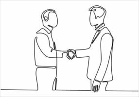 straight line drawing two business men shaking hands vector