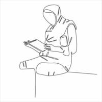 dibujo de línea continua hijab mujer leyendo un libro vector