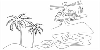 dibujo de línea continua de helicópteros y palmeras vector