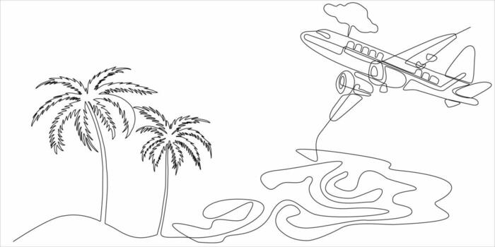 continuous line drawing of planes and palm trees vector