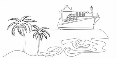 continuous line drawing of ships and palm trees vector