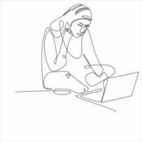 continuous line drawing woman sitting holding laptop vector