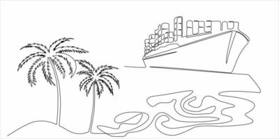 continuous line drawing of ships and palm trees vector