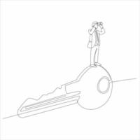 continuous line drawing man looking using a binocular over a big house key vector