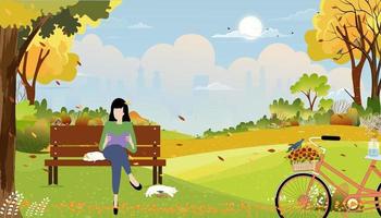 paisajes otoñales parque de la ciudad con una mujer sentada en un banco leyendo un libro por la mañana, temporada de otoño de dibujos animados vectoriales en el jardín con nubes naranjas, cielo azul y fondo de nubes vector
