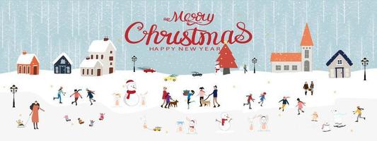 Christmas and Happy New Year 2023 banner with People,polar bear and rabbit celebrating in the park next to forest pine trees on blue sky background.Vector illustration panorama banner holiday backdrop vector