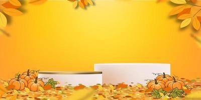 Autumn background 3D Podium display cylinder Stand with Pumpkin and Maple Leaves on orange wall,Vector Abstract minimal design for backdrop shooting for Halloween or Fall products presentation