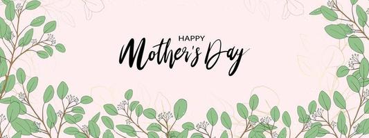 Mother's day banner with Eucalyptus branches leaves border on peach background, Vector illustration horizontal backdrop of greenery leaves and gold element frame, Flat design of beautiful botanical