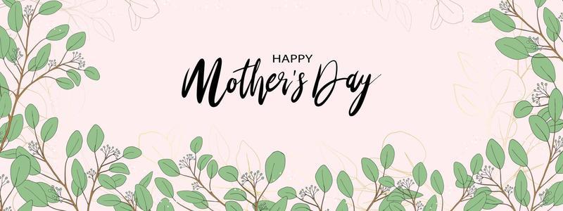 Mother's day banner with Eucalyptus branches leaves border on peach background, Vector illustration horizontal backdrop of greenery leaves and gold element frame, Flat design of beautiful botanical