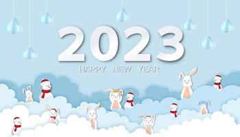 2023 nube de origami, conejo, muñeco de nieve sobre fondo de cielo azul, capas de nubes de ilustración vectorial estilo de arte de papel 3d con banner horizontal, telón de fondo, calendario para feliz año nuevo 2023, año de conejo vector