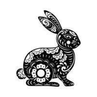 2023 año de conejo con fondo blanco cortado en papel, zodiaco chino para elemento de año nuevo, hermoso conejito de Pascua con liebre de fantasía floral con patrón de corte láser para troquelado o plantilla vector